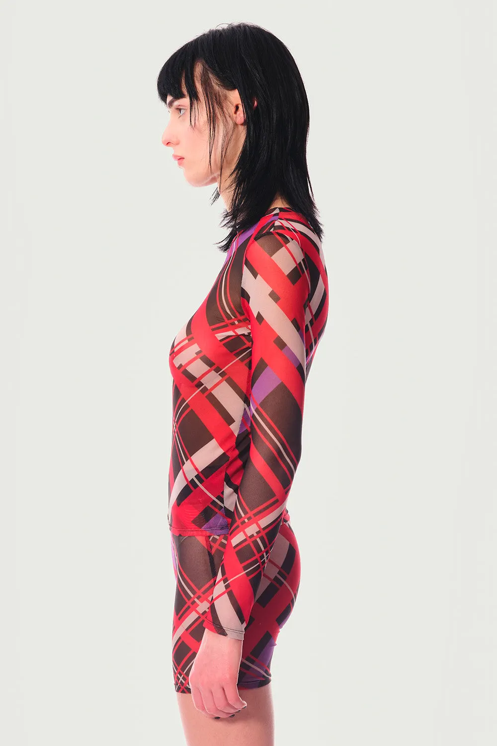 JEANNE FRIOT Tartan Longsleeve Top haut mesh noir gris violet