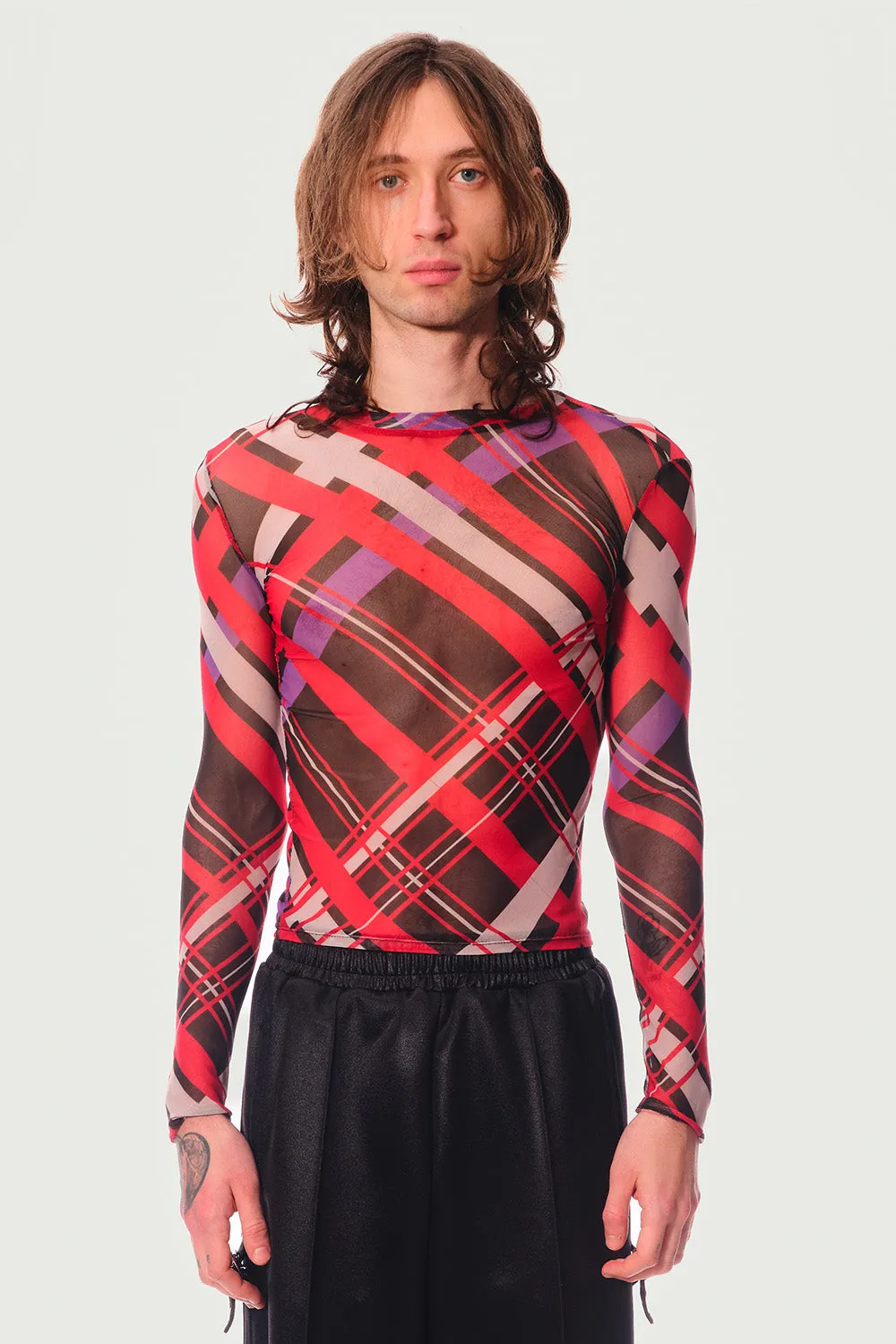 JEANNE FRIOT Tartan Longsleeve Top haut mesh noir gris violet