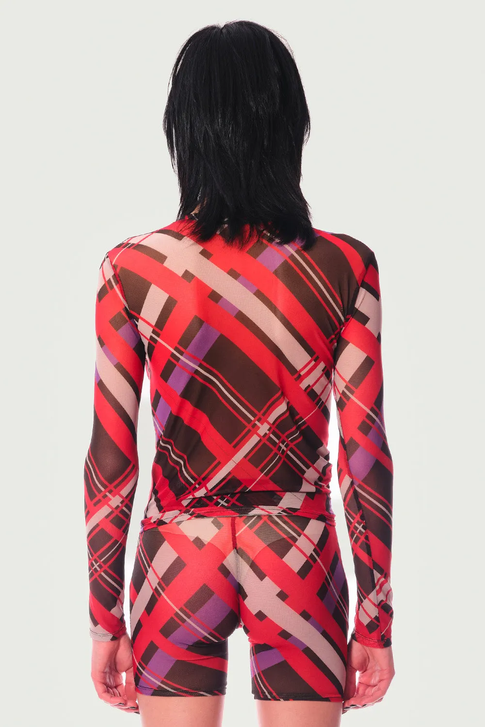 JEANNE FRIOT Tartan Longsleeve Top haut mesh noir gris violet