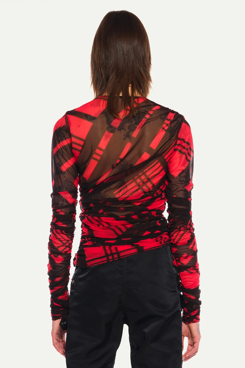 Jeanne Friot Tartan haut mesh transparent rouge noir