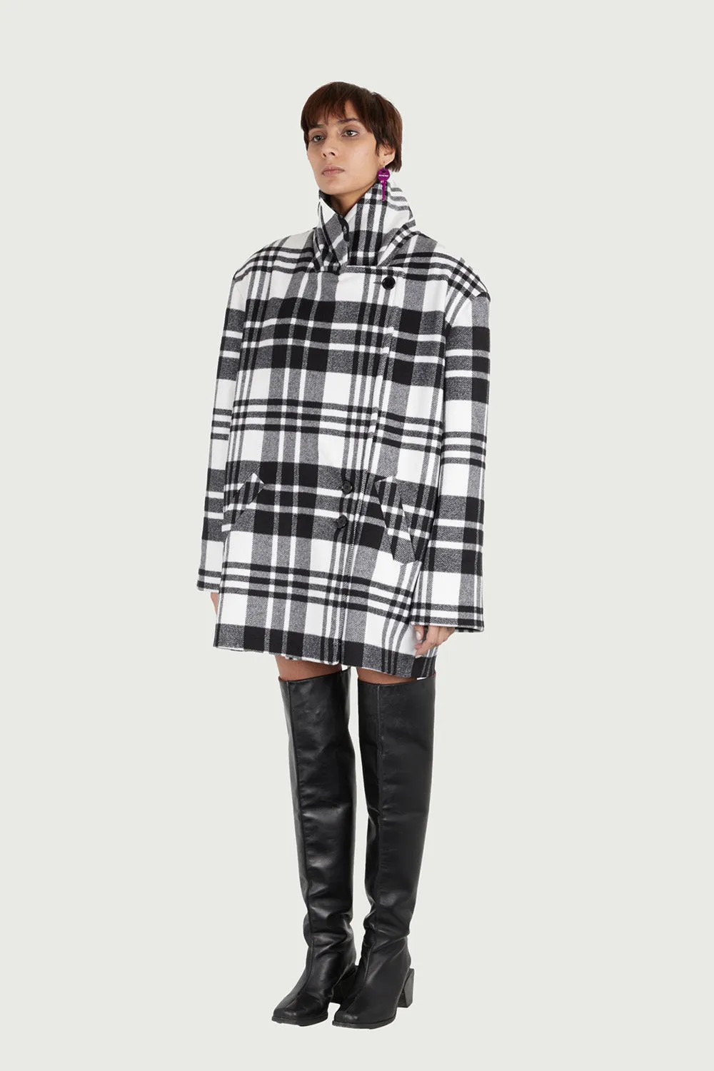 Jeanne Friot Lou Caban tartan noir blanc laine
