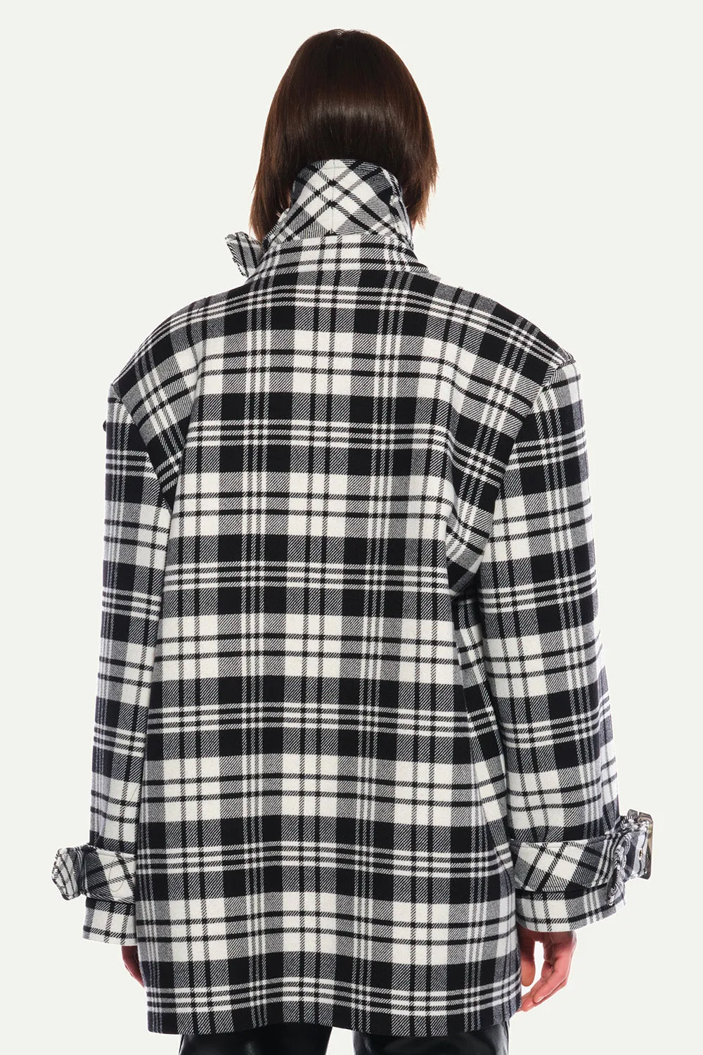 Jeanne Friot Lou Caban manteau tartan noir oversize ceinture
