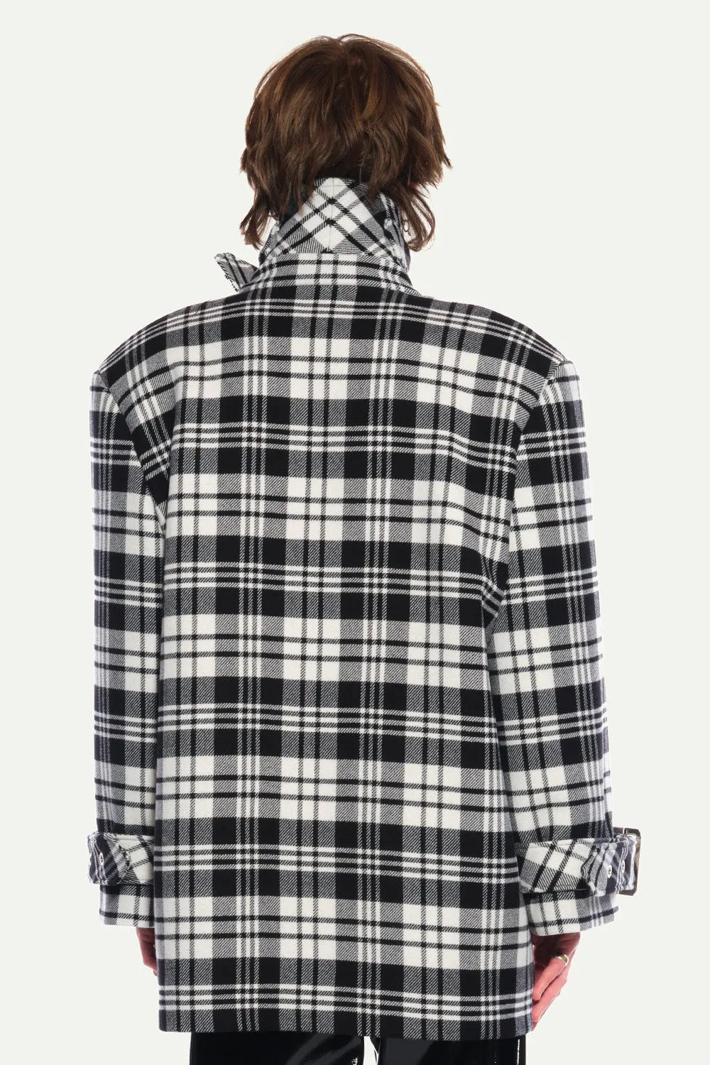 Jeanne Friot Lou Caban manteau tartan noir oversize ceinture