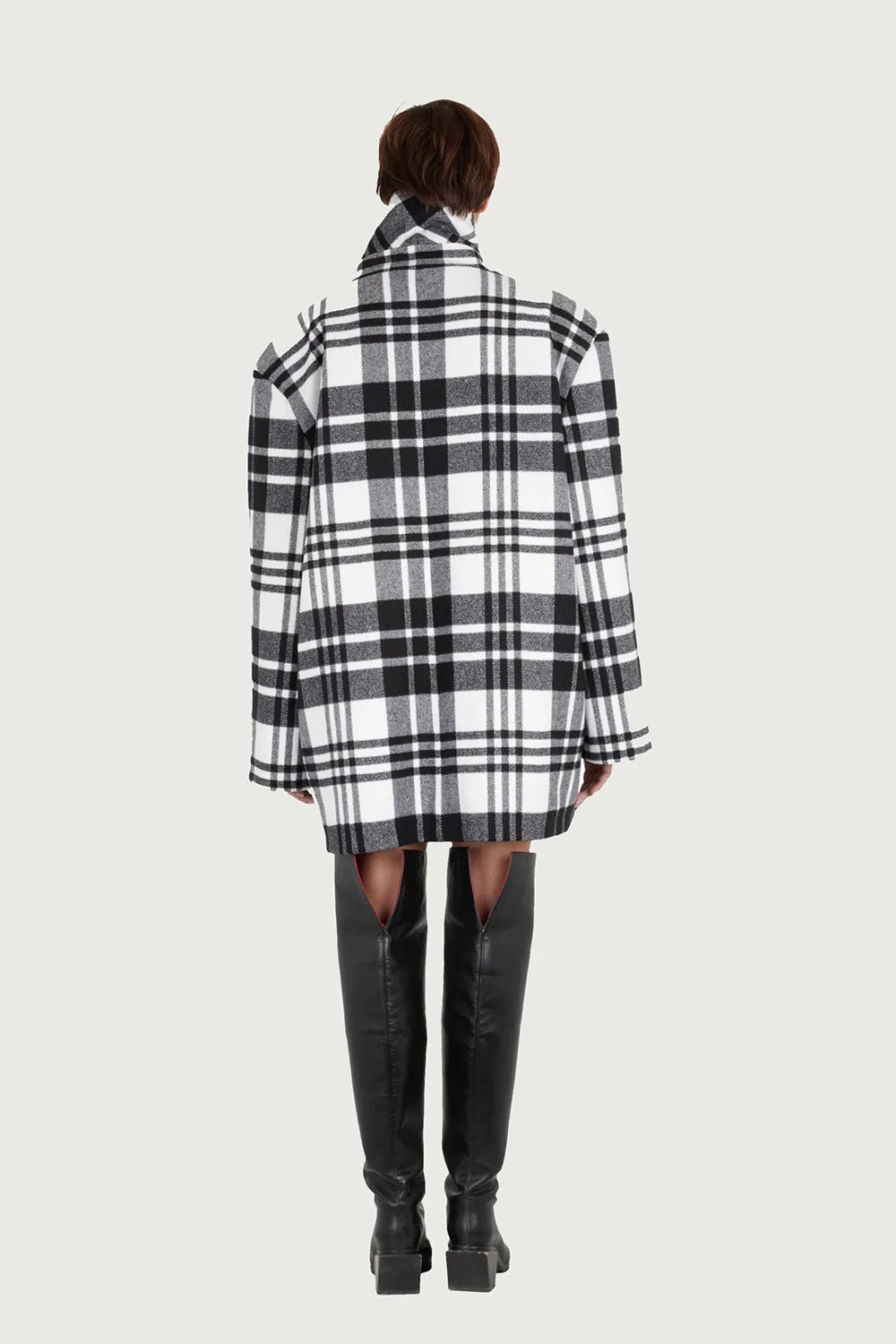 Jeanne Friot Lou Caban tartan noir blanc laine