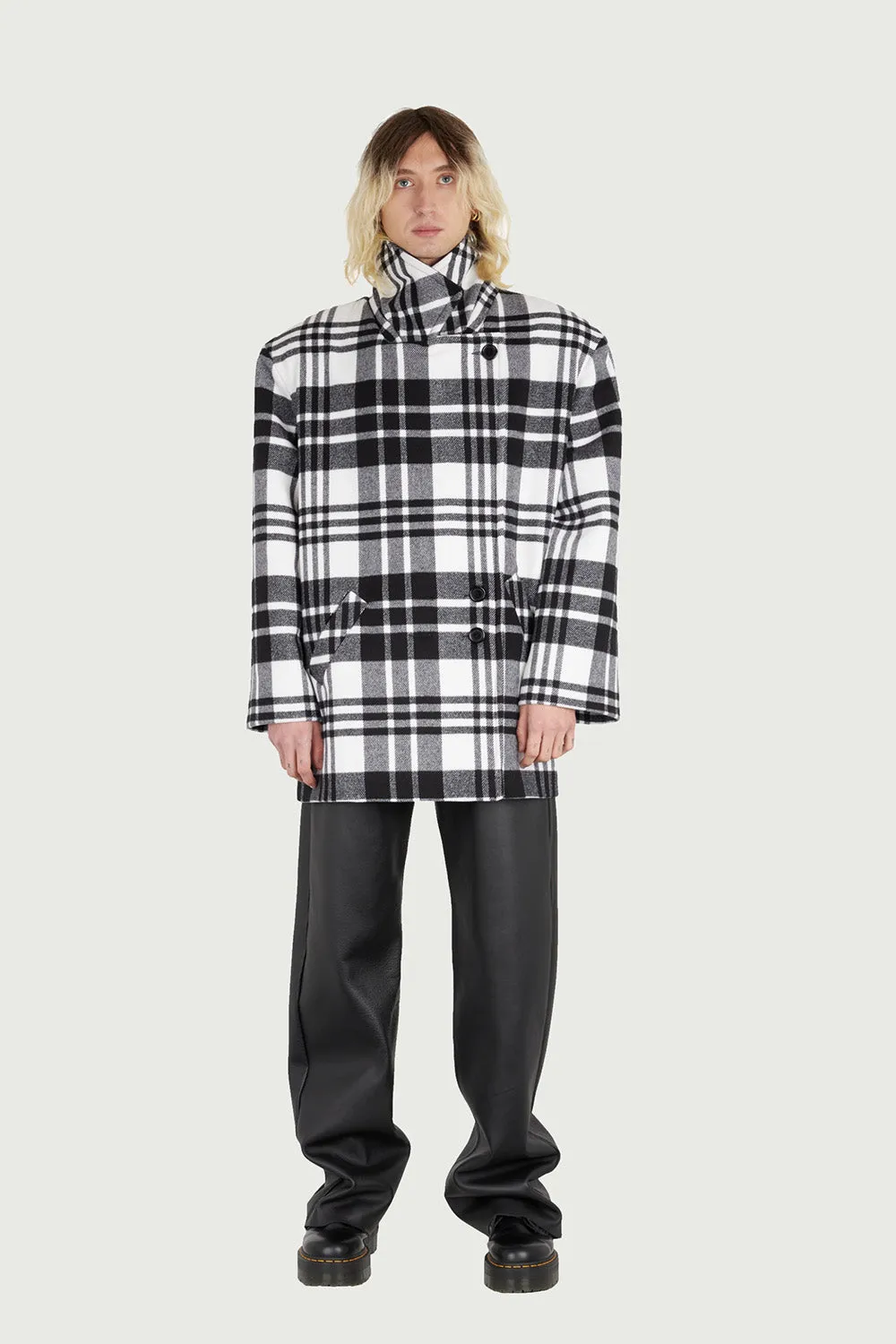 Jeanne Friot Lou Caban tartan noir blanc laine