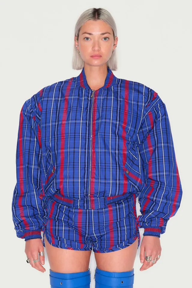 Jeanne Friot Resistance Bombers veste tartan bleu