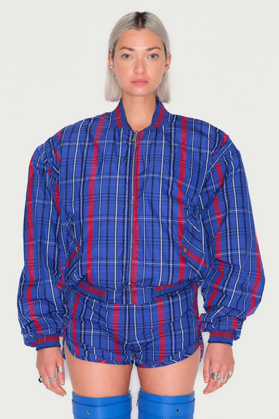 Jeanne Friot Resistance Bombers veste tartan bleu