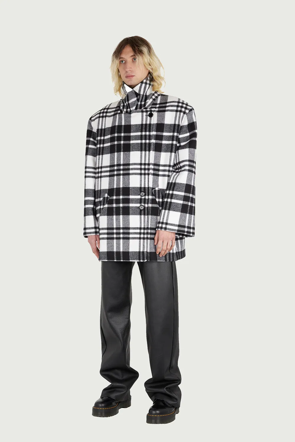 Jeanne Friot Lou Caban tartan noir blanc laine