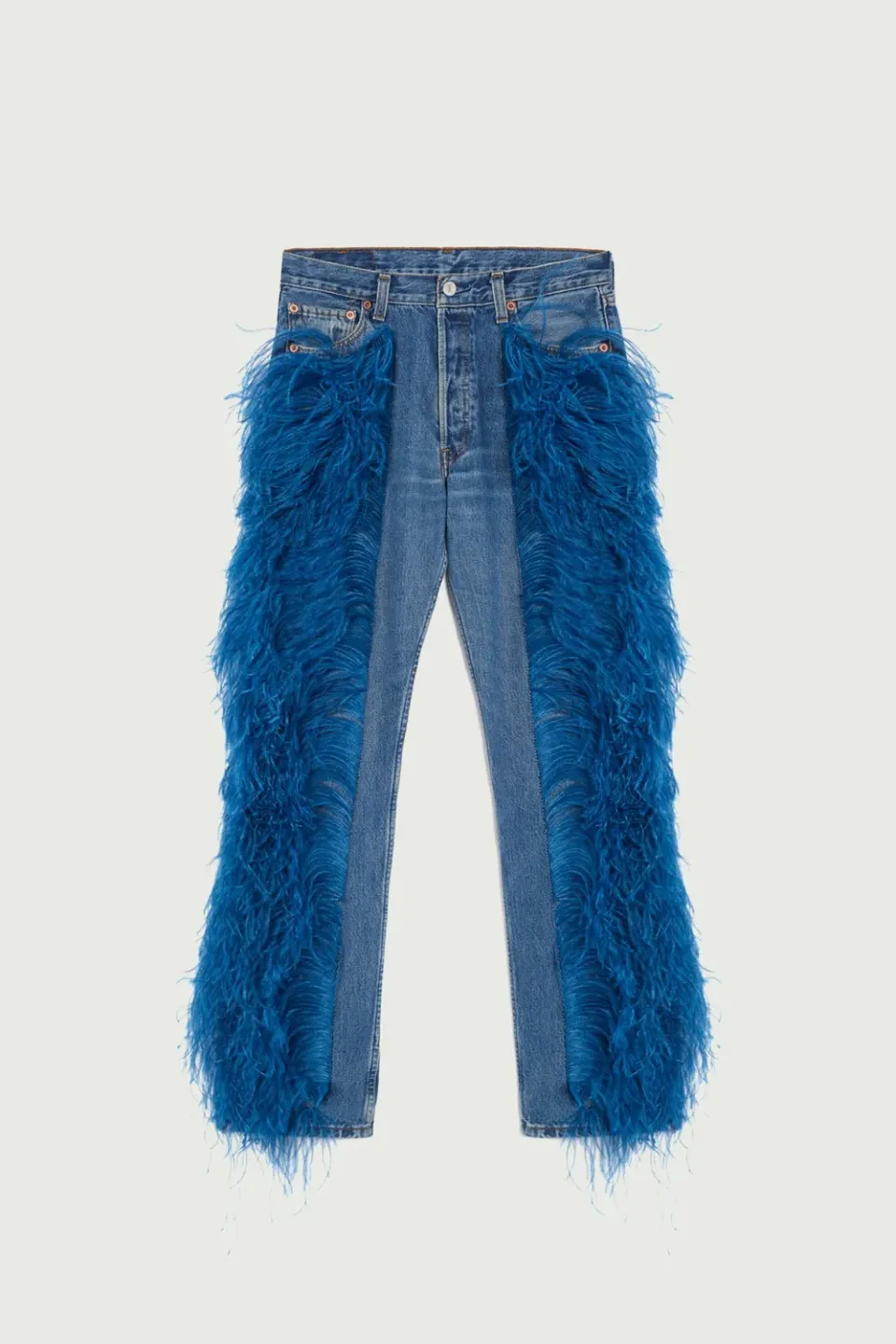 Jeanne Friot Jean Bleu à Plumes pantalon denim sur-mesure