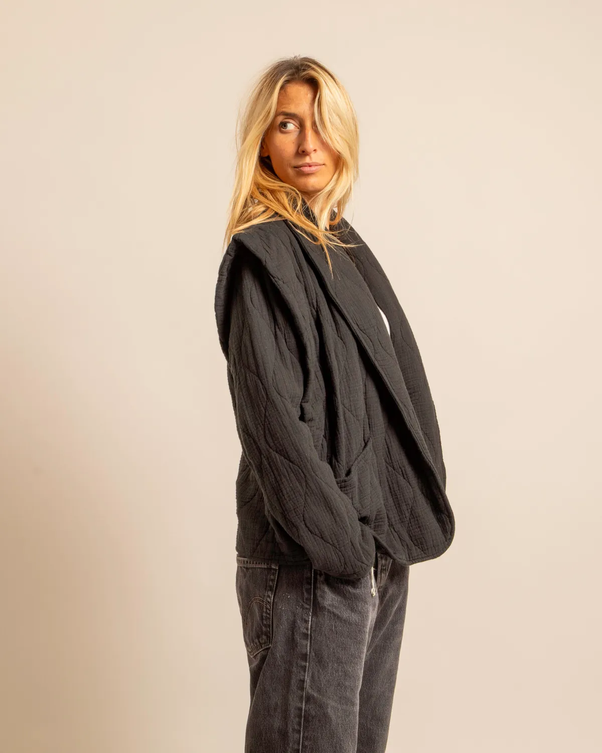 AOKYANOS San Francisco kimono noir coton matelassé