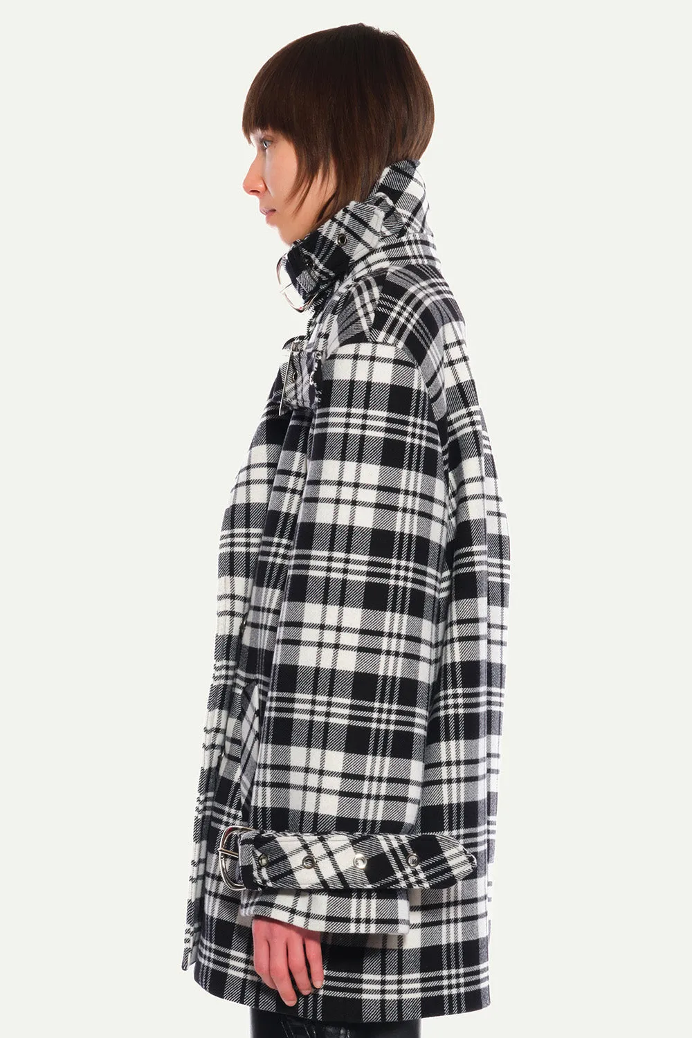 Jeanne Friot Lou Caban manteau tartan noir oversize ceinture