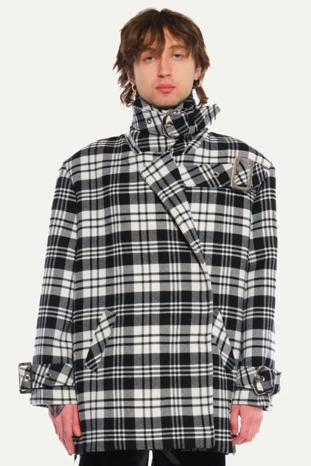 Jeanne Friot Lou Caban manteau tartan noir oversize ceinture