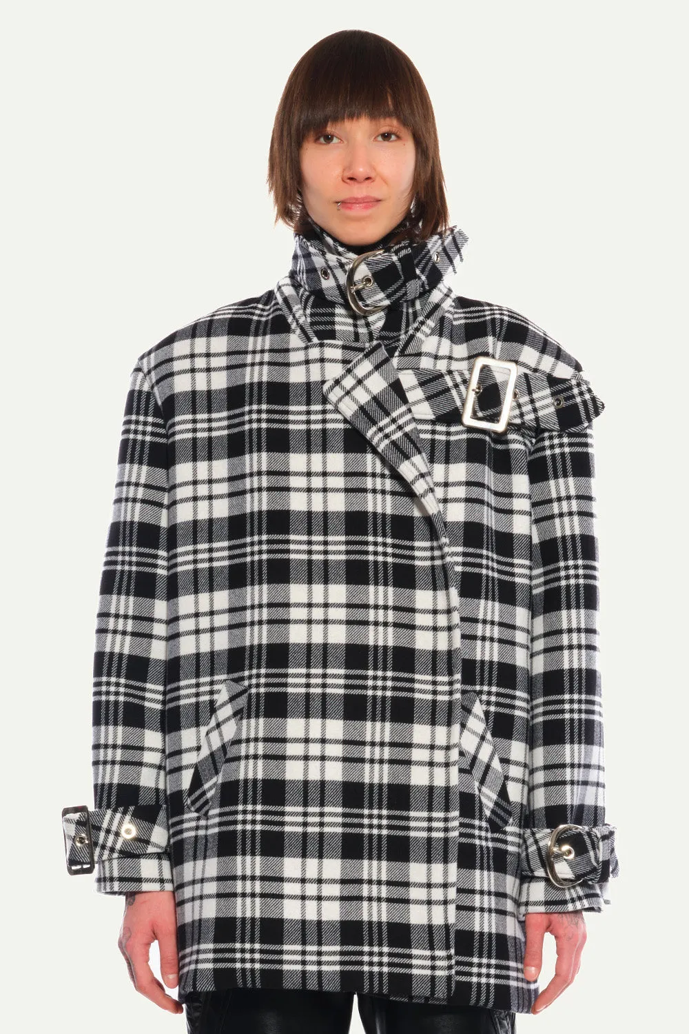 Jeanne Friot Lou Caban manteau tartan noir oversize ceinture